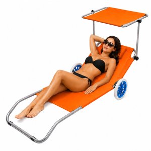 Lean Leżak Plażowy Na Kółkach Ogrodowy Składany Daszek Aluminiowy Pomarańczowy 2