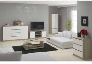 Fabryka Mebli Akord Szafka rtv, stolik, Nova, 140x40x55 cm, dąb sonoma, biel, mat | TYLETEGOTU 5