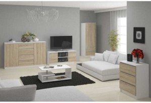 Fabryka Mebli Akord Szafka rtv, stolik, Nova, 140x40x55 cm, biel, dąb sonoma, mat | TYLETEGOTU 3