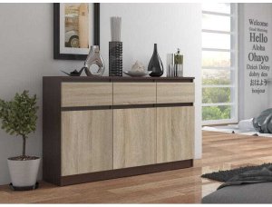 Fabryka Mebli Akord Komoda, 3 szuflady, 3 drzwi, ATLAS, 140x40x99 cm, wenge, dąb sonoma, mat | TYLETEGOTU 5
