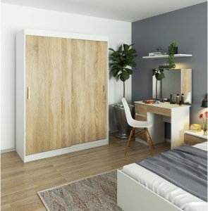 Fabryka Mebli Akord Szafa przesuwna do sypialni, NOTTE, 150x60x200 cm, biel, dąb sonoma, mat 4