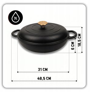 Atusa Emaliowany garnek żeliwny płaski 30cm 3L Hage czarny mat (DN30-blackmatt) 3