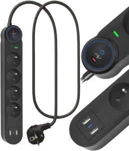 Listwa zasilająca Art Listwa przeciwprzepięciowa 1.5m SPD3 4 gniazda 10A 2x USB-A USB-C 2,6A czarna 2