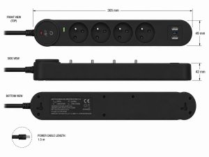 Listwa zasilająca Art Listwa przeciwprzepięciowa 1.5m SPD3 4 gniazda 10A 2x USB-A USB-C 2,6A czarna 5