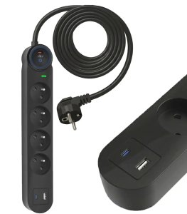 Listwa zasilająca Art Listwa przeciwprzepięciowa 3m SPD3 4 gniazda 16A USB-A USB-C 3,4A czarna 2