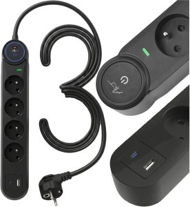 Listwa zasilająca Art Listwa przeciwprzepięciowa 3m SPD3 4 gniazda 16A USB-A USB-C 3,4A czarna 6