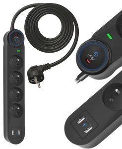 Listwa zasilająca Art Listwa przeciwprzepięciowa 3m SPD3 4 gniazda 10A 2x USB-A USB-C 2,6A czarna 2