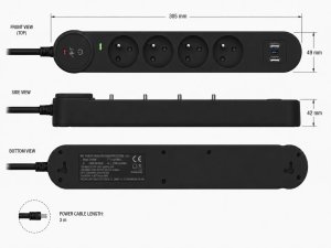 Listwa zasilająca Art Listwa przeciwprzepięciowa 3m SPD3 4 gniazda 10A 2x USB-A USB-C 2,6A czarna 4