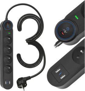 Listwa zasilająca Art Listwa przeciwprzepięciowa 3m SPD3 4 gniazda 10A 2x USB-A USB-C 2,6A czarna 5