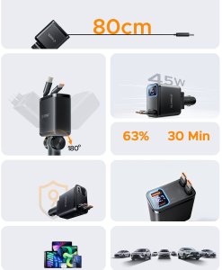 Ładowarka Orico Samochodowa Twin Reach 45W USB-A + USB-C z dwoma zwijanymi kablami USB-C - czarna (6942227174710) 3