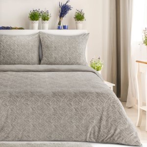 Eurofirany Pościel welwetowa miękka FL 200x220 + 70x90 cm beżowa białe liście 2
