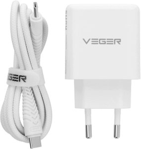 Ładowarka Veger Sieciowa do telefonu USB A + Typ C PD QC3.0 3,25A 65W + kabel USB C do USB C TR67 biała 5