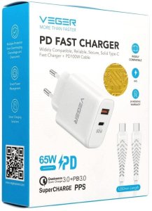 Ładowarka Veger Sieciowa do telefonu USB A + Typ C PD QC3.0 3,25A 65W + kabel USB C do USB C TR67 biała 6