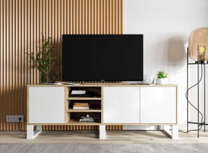 Meble Lindner Szafka RTV, rama, NORD, 150x35x53 cm, dąb wotan, biel, mat 3