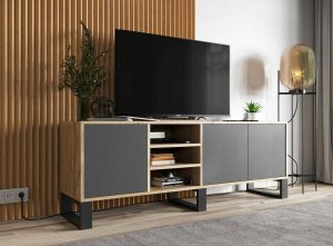 Meble Lindner Szafka RTV, NORD, rama, 150x35x53 cm, dąb wotan, grafit, mat | TYLETEGOTU 2