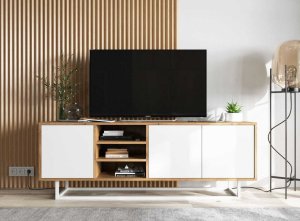 artmeble24 Szafka RTV, loft, NORD, 150x35x53 cm, dąb wotan, biel, mat | TYLETEGOTU 3