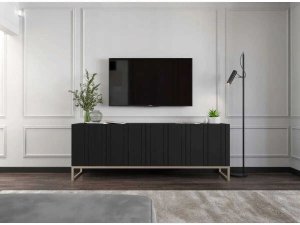 Meble Lindner Komoda RTV, szafka stojąca, glamour, GRAVO, 150x37x53 cm, czarny, mat | TYLETEGOTU 2