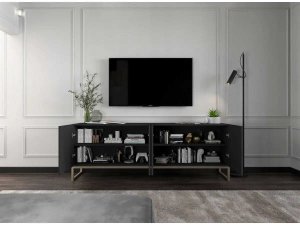 Meble Lindner Komoda RTV, szafka stojąca, glamour, GRAVO, 150x37x53 cm, czarny, mat | TYLETEGOTU 4