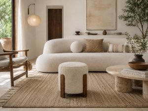 Kontrasto Pufa Seul podnóżek 37x37x38 beżowa futerko nóżki orzech tapicerowana 8
