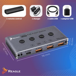 Przełącznik Reagle Switch USB 3.2 10Gbps KVM 4x4 pilot 4 porty USB Hub adapter 8