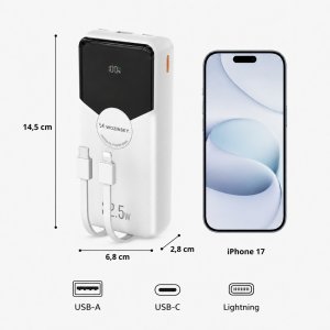 Wozinsky Powerbank WFC-15W 20000mAh 22,5W PD20W z wbudowanymi kablami Lightning i USB-C - biały (5907769388064) 5