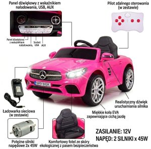 R-Sport Mercedes SL500 Auto na akumulator dla dzieci koła EVA skóra różowy EDUKAMP (S-506-RÓŻOWY) 18