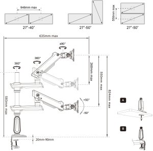 North Bayou Uchwyt biurkowy na 2 monitory 27"-50" D9C 4