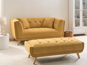 Beliani Sofa dla 2 osób HABO Musztardowy z otomaną (807499) 2