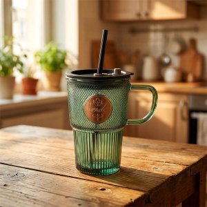 Affek Design Kubek szklany z pokrywką i słomką Verde 450 ml (8592381262945) 2