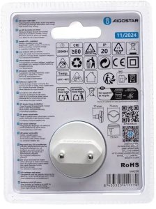 Lampka wtykowa do gniazdka Aigostar  Nocna LED z wyłącznikiem i czujnikiem nocy 0.5W 6500K 25lm IP20 Aigostar 6