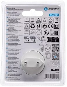 Lampka wtykowa do gniazdka Aigostar  Nocna LED z wyłącznikiem i czujnikiem nocy 0.5W 3000K 25lm IP20 Aigostar 6