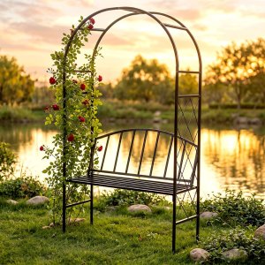 Vilde Pergola ogrodowa z ławką metalowa czarna 115x50x210 cm (5900670122239) 6