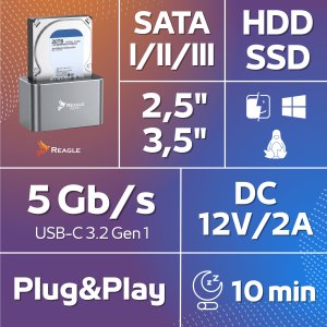 Stacja dokująca Reagle Dysków HDD SSD 2,5" 3,5" SATA USB 3.0 5Gbps obudowa dysku 2