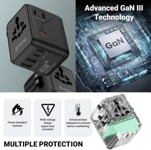 Zasilacz Crong One World Travel Adapter – Uniwersalny adapter podróżny GaN 45W UK/EU/US/AU (czarny) (CRGTAGN45BLK) 3