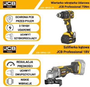 Zestaw elektronarzędzi JCB Professional Zestaw Wiertarko-wkrętarka 75 Nm Szlifierka kątowa 125 mm 2x 5Ah Ładowarka 4,5A Torba (JCB-18PKIT-4) 2