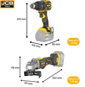 Zestaw elektronarzędzi JCB Professional Zestaw Wiertarko-wkrętarka 75 Nm Szlifierka kątowa 125 mm 2x 5Ah Ładowarka 4,5A Torba (JCB-18PKIT-4) 3