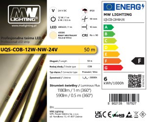 Taśma LED MW Lighting Profesjonalna taśma LED typu COB, 12W 480 chips/m, CRI >90, 24V, biala neutralna, 4000K, IP20, 50m (5902135157527) 2