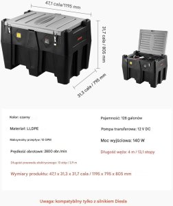 Lumarko Zbiornik paliwa 485L z pompą 12V mobilny dystrybutor do diesla 2