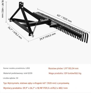 Vevor Wertykulator do traktorka 152cm 32 zęby stalowe do trawnika i ogrodu 2