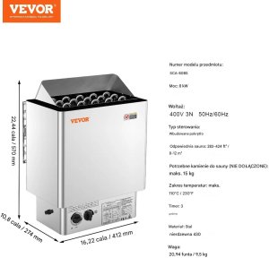 Uniprodo Piec do sauny elektryczny 8kW 400V timer stalowy do domu i SPA 2