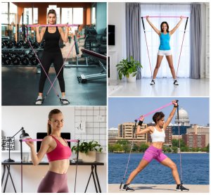 R2 Taśmy pilates zestaw do ćwiczeń z drążkiem i gumami oporowymi 2 sztuki róż (5908222258252) 3