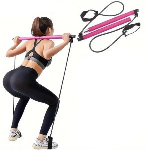 R2 Taśmy pilates zestaw do ćwiczeń z drążkiem i gumami oporowymi 2 sztuki róż (5908222258252) 4