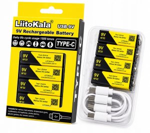 Akumulator LiitoKala 9V 1100mAh USB-C 6F22 Li-Ion Ładowany USB USB-C 4szt 2