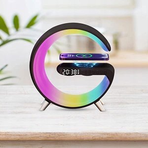 Lampa stołowa Atmosphere Lampa LED RGB ładowarka indukcyjna 15W + zegar + głośnik Bluetooth Czarna 2