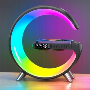Lampa stołowa Atmosphere Lampa LED RGB ładowarka indukcyjna 15W + zegar + głośnik Bluetooth Czarna 3