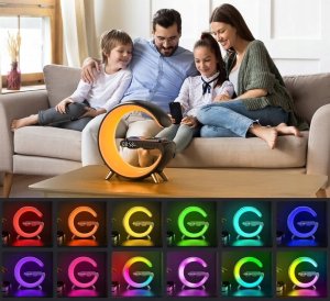 Lampa stołowa Atmosphere Lampa LED RGB ładowarka indukcyjna 15W + zegar + głośnik Bluetooth Czarna 5