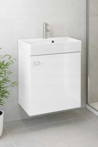 DomoDomo Szafka łazienkowa wisząca z umywalką 60x50cm Biały połysk uchwyt chrom Elara 6