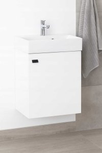 DomoDomo Szafka łazienkowa wisząca z umywalką 60x50cm Biały połysk czarny uchwyt Elara 6
