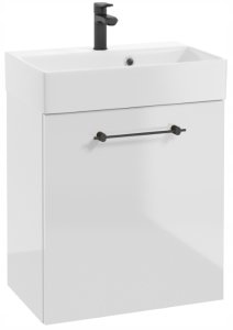DomoDomo Szafka łazienkowa wisząca z umywalką 60x50cm Biały połysk uchwyt czarny Elara 2
