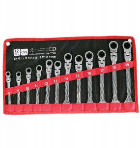 Standart Klucze E1613 płasko-oczkowe 12szt 8-19mm CRV z grzechotką i przegubem (5904422422301) 12